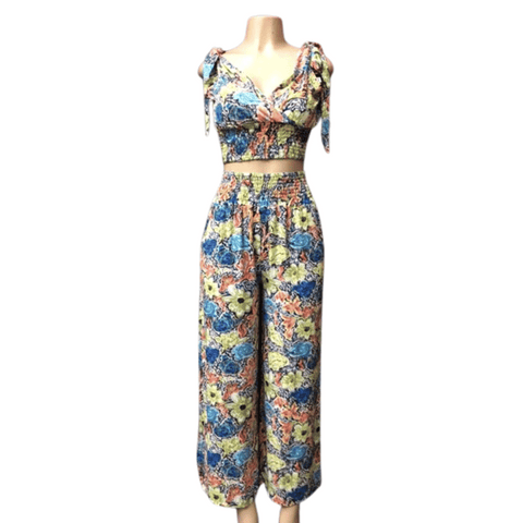 Floral Crop Top Wide Leg Pant Set 6 Pack Assorted Colors (Size: S/M-L/XL, 3-3)