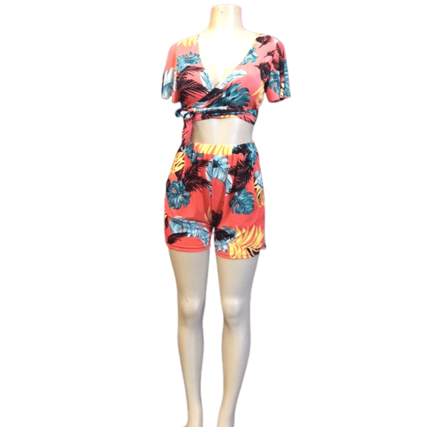 2 Piece Floral Short Set With Tie Front Cropped Top And 2 Side Pocket Shorts 8 Pack Assorted Colors (Size: S/M-L/XL, 4-4)