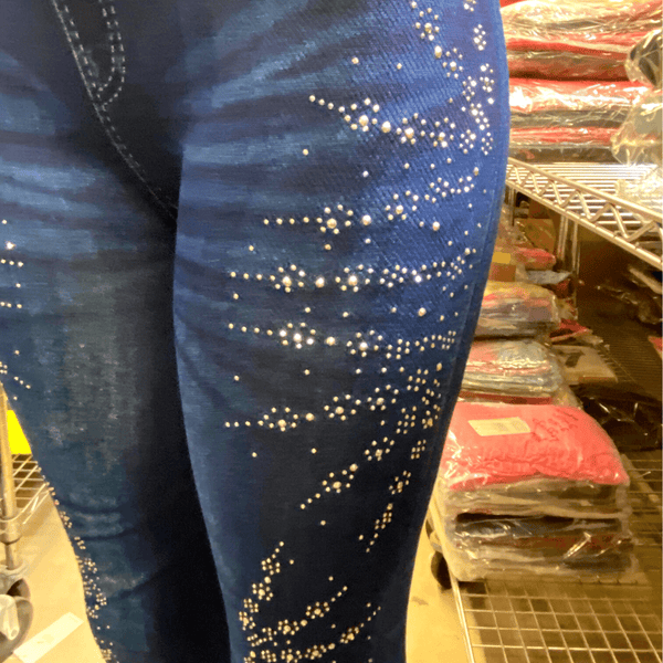 Denim Looking Print Embellished Leggings (One Size Fits All)