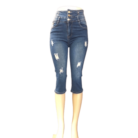 High Waist 3 Button Denim Capri 12 Pack 6 Light Wash and 6 Medium Wash (Size: S/M-M/L-L/XL-XL/XXL, 2-4-4-2)